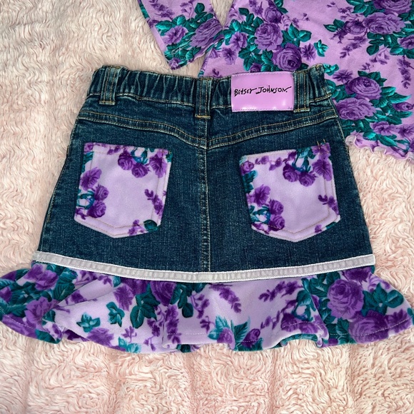 Betsey Johnson Skirt Top Set Denim Velvet Ruffle Lavender Girls 3T Roses Vintage - Picture 4 of 8
